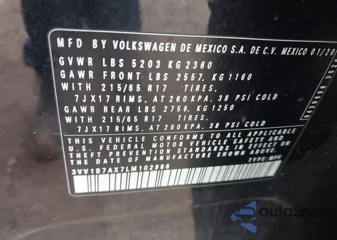 2020 Volkswagen Tiguan 2.0T S из США, поврежденный, VIN 3VV1B7AX7LM102966